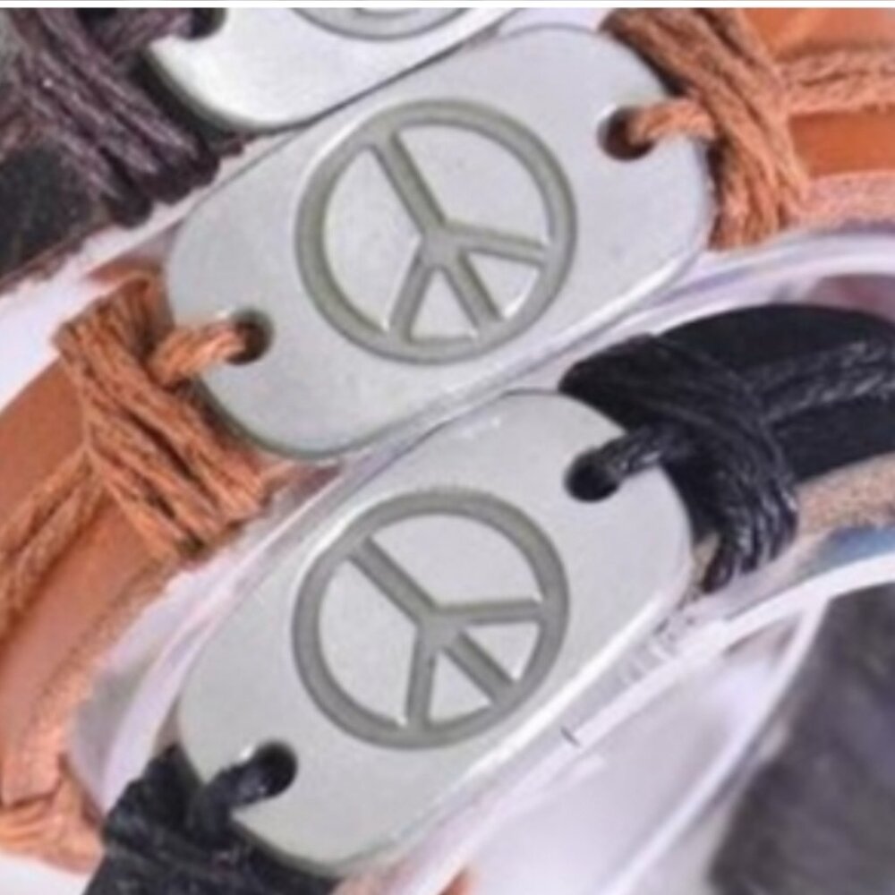 Leather Drawstring Bracelet Tan lightPeace Sign Adjustable tie closure
